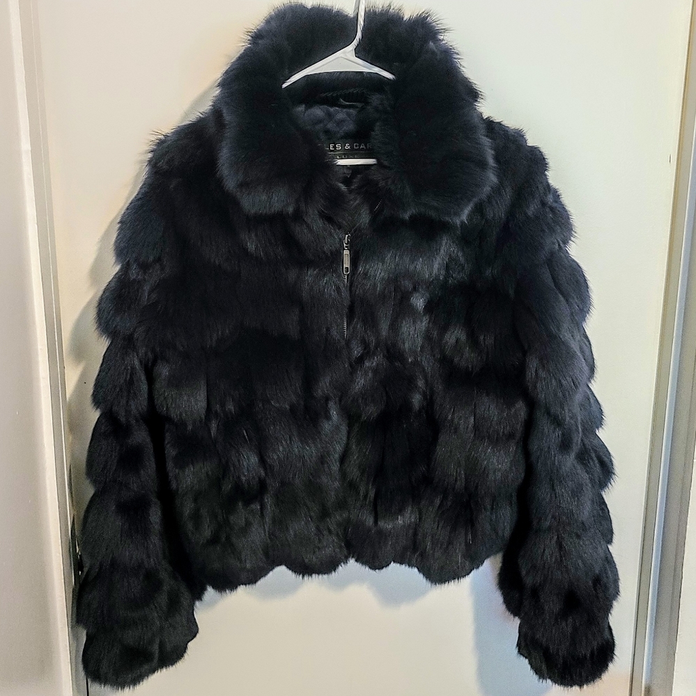 Genuine Fur Dark Navy Coat sz Med **small tear**